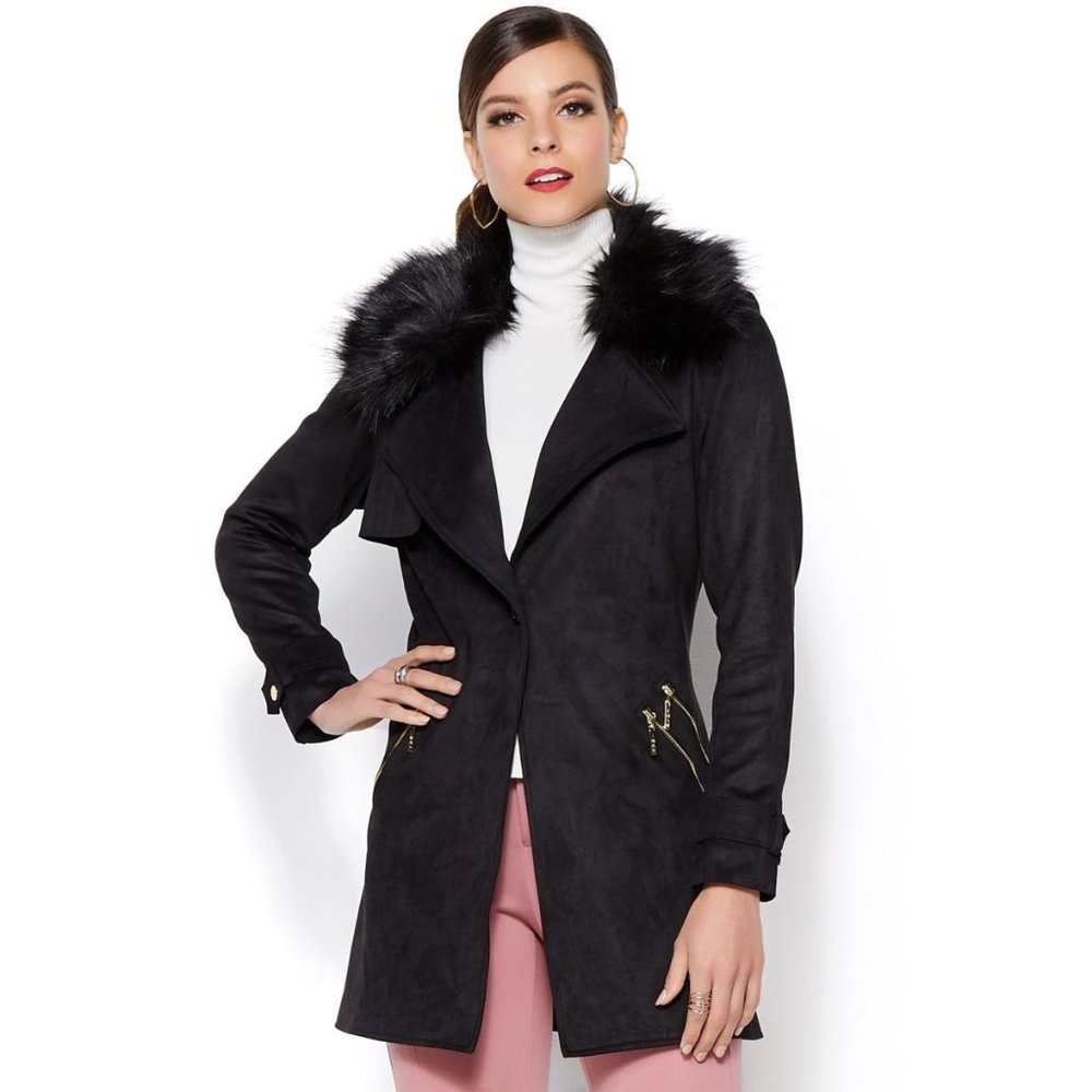 Soft Faux Suede Driving Coat with Faux Fur
